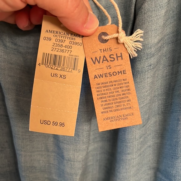 NEW American Eagle Blue White Denim Romper Embroidered Cold Shoulder Poly XS - Picture 10 of 13